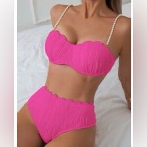 Pearl-strap Hot Pink Pleated Bikini Set - Women Swim